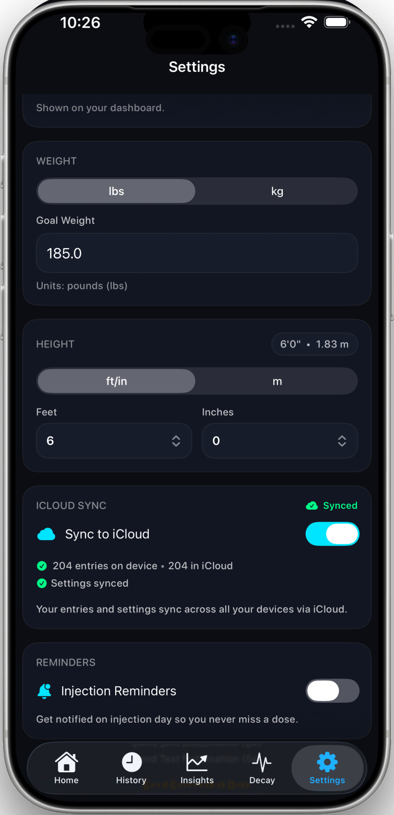 WeLose Pro app screenshot showing iCloud sync features